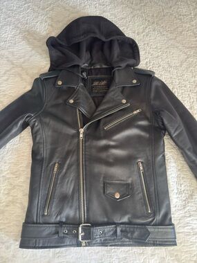 Genuine Leather Moto Jacket w/ Hood XS/S Black Biker (Lusso Leather)